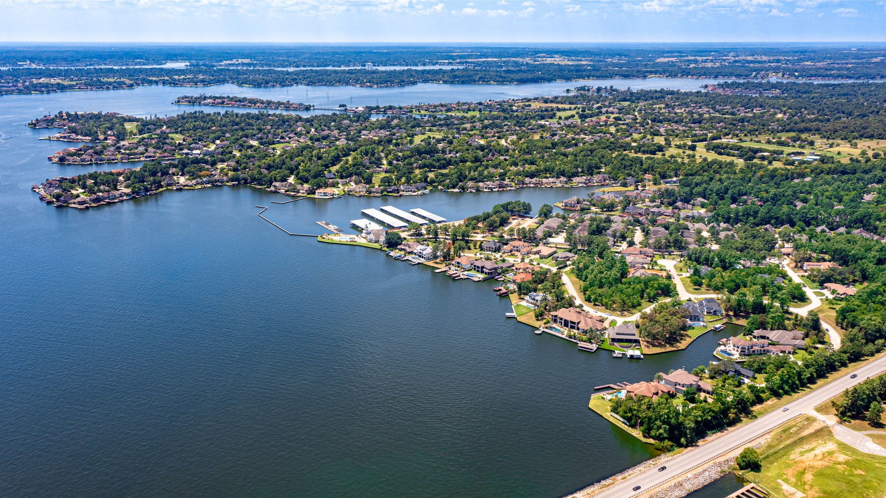 Aerial view of Bentwater and Lake Conroe near the property